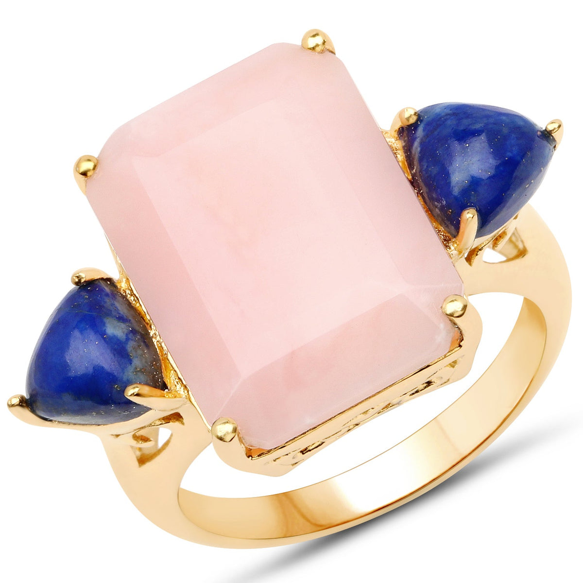 Gold-tone ring featuring a square pink opal center with two blue lapis side stones on Tampa Home & Garden Store