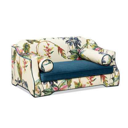 Paloma 35.5in dog sofa bed cream tropical print with teal cushion and 2 bolsters on Tampa Home & Garden Store