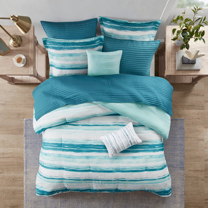 8 Piece Aqua Seersucker Comforter and Quilt Set