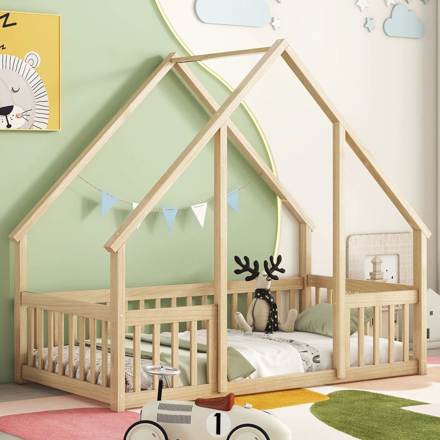 Wood house-shaped floor bed with fence rails in natural wood Unique Piece Furniture on Tampa Home & Garden Store