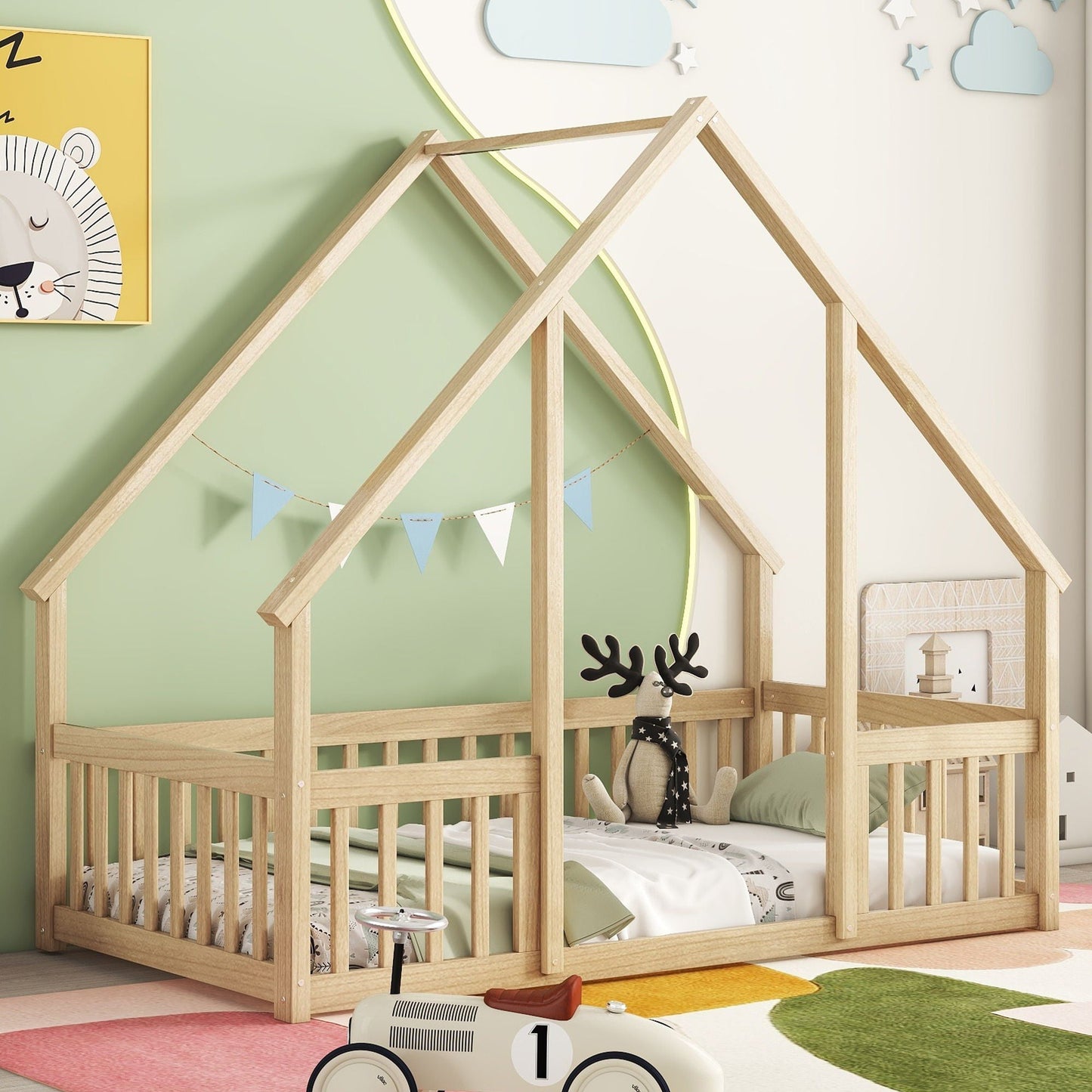 A Wood House Floor Bed with Guardrail Fence