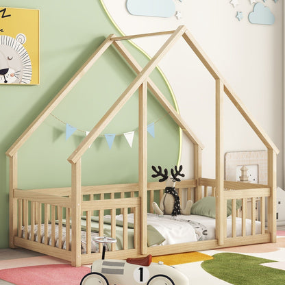 A Wood House Floor Bed with Guardrail Fence