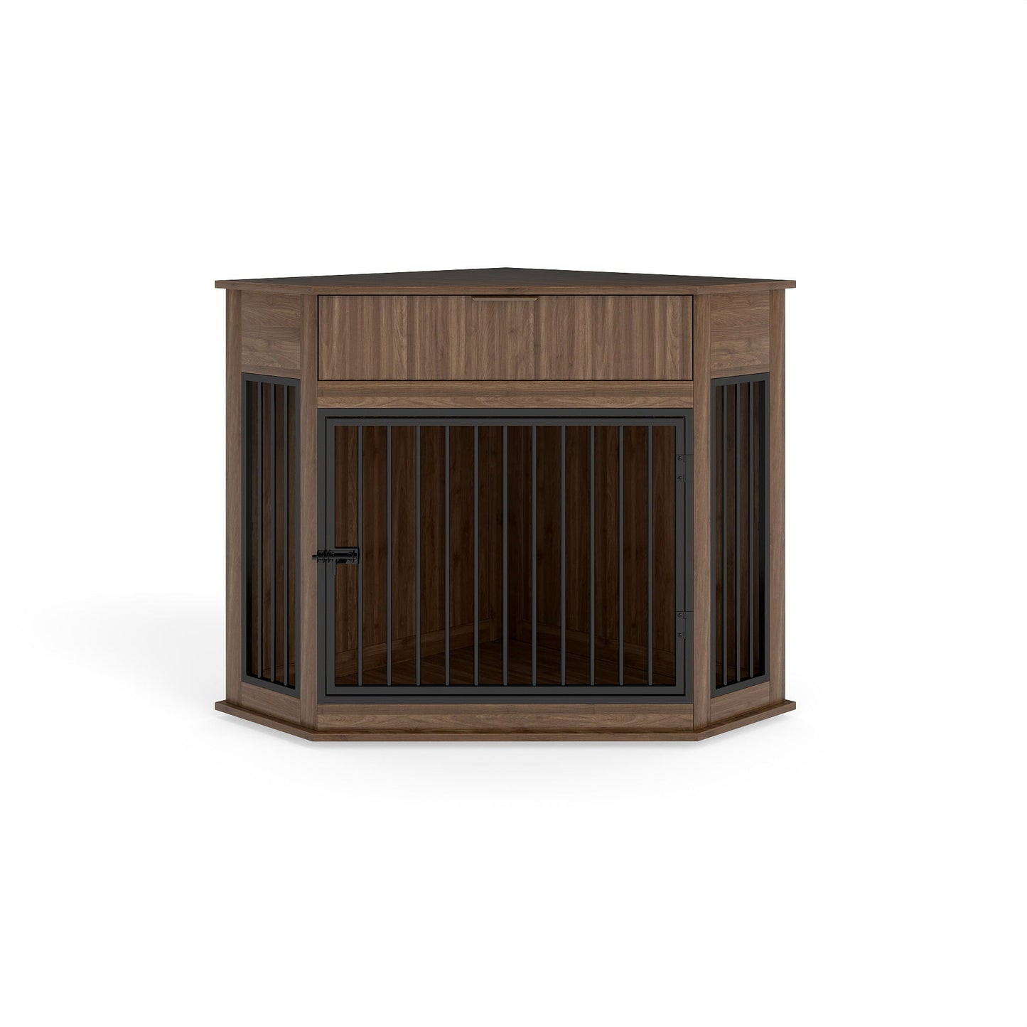 Corner Dog Crate by HouseOfZazla in dark wood with black metal bars and a drawer on Tampa Home & Garden Store