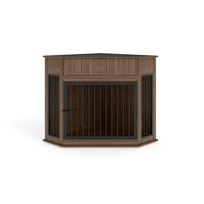 Corner Dog Crate by HouseOfZazla in dark wood with black metal bars and a drawer on Tampa Home & Garden Store