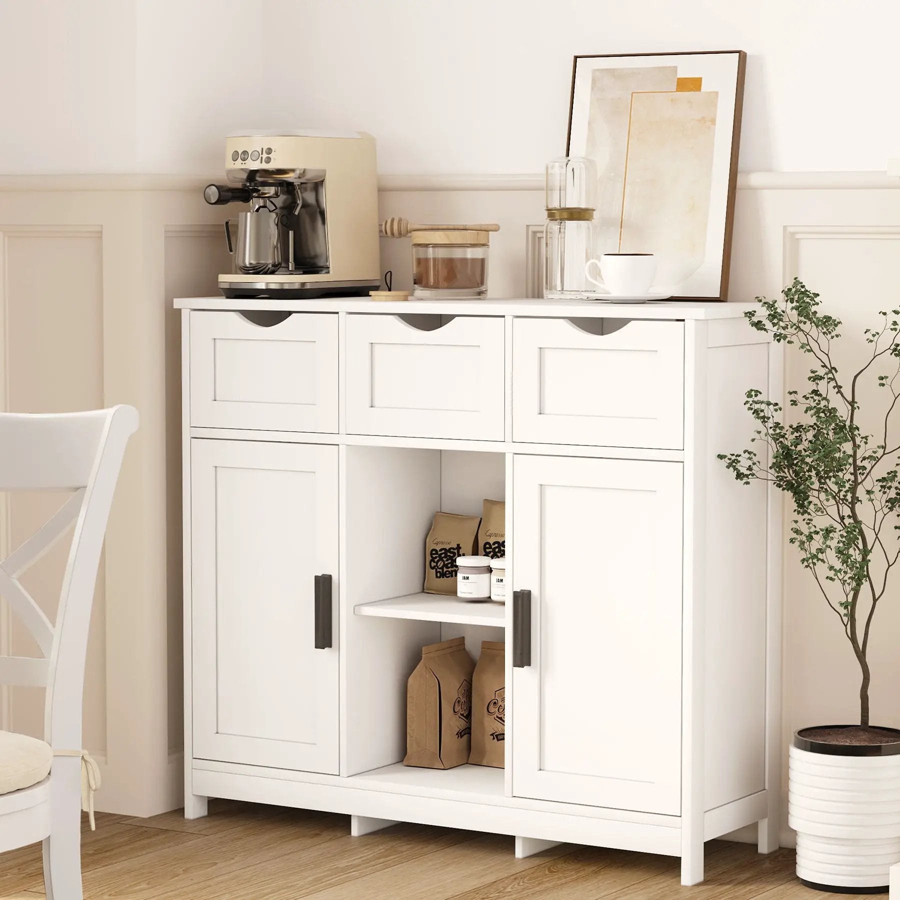 White wooden sideboard storage cabinet with drawers and shelves by Unique Piece Furniture on Tampa Home & Garden Store