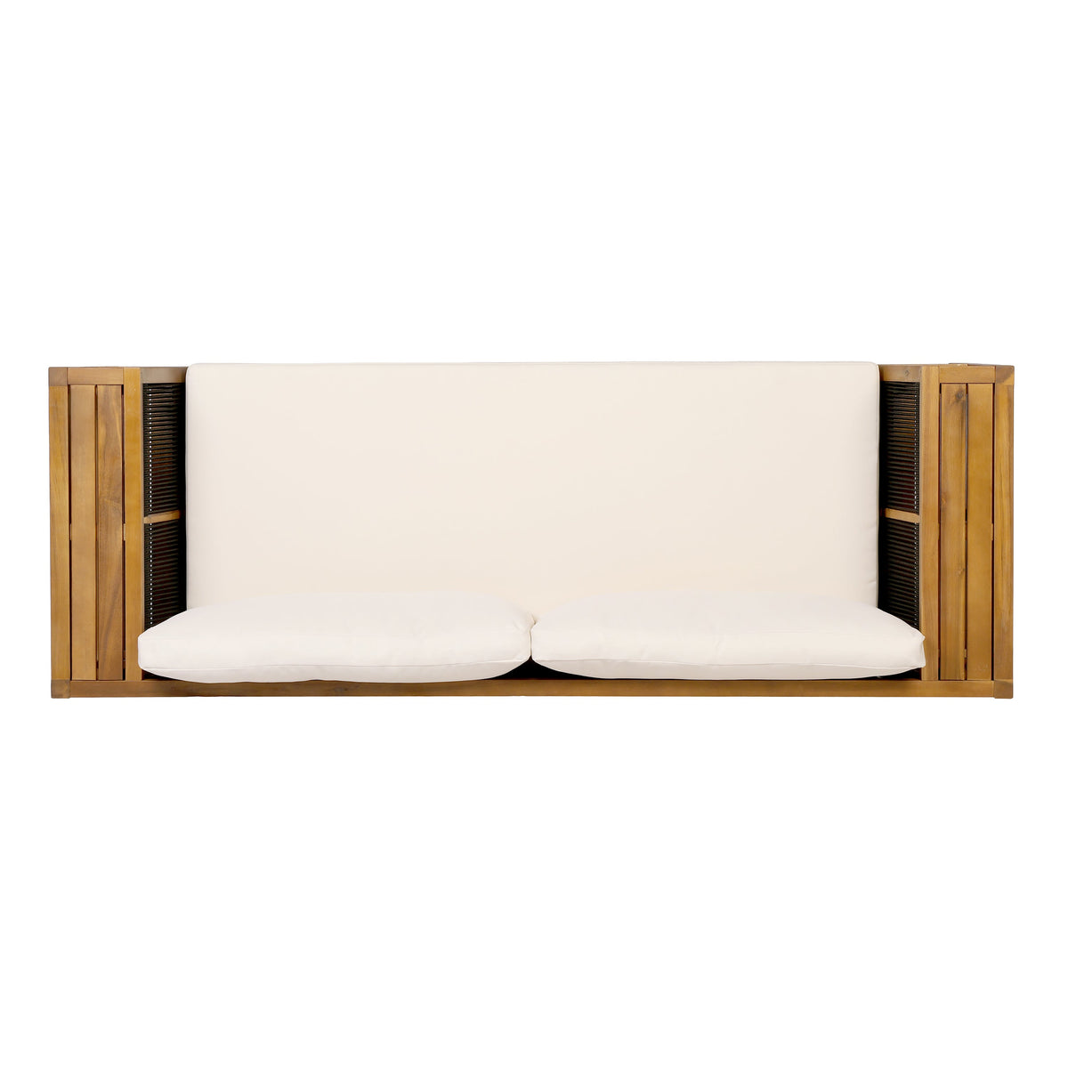 Teak-finish acacia outdoor daybed sofa set with white cushions on Tampa Home & Garden Store