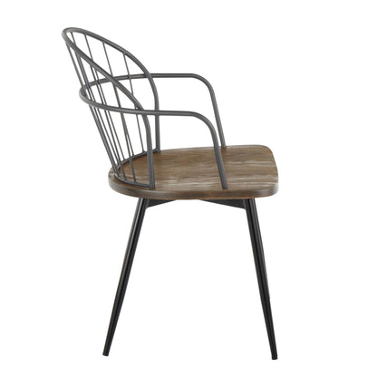 Farmhouse Arm Chair with spindle-back, dark brown wood seat and gray metal frame on Tampa Home & Garden Store