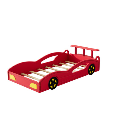 Race Car Platform Bed & Wheels red frame with slats and black/yellow wheels HouseOfZazla on Tampa Home & Garden Store