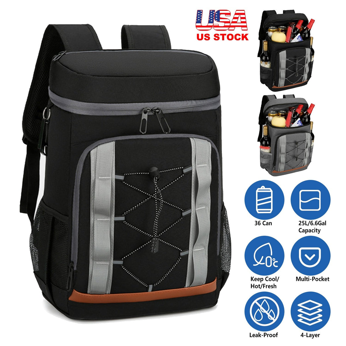 GemGear Cooler Backpack 36-Can insulated leakproof 25L capacity black with gray straps on Tampa Home & Garden Store