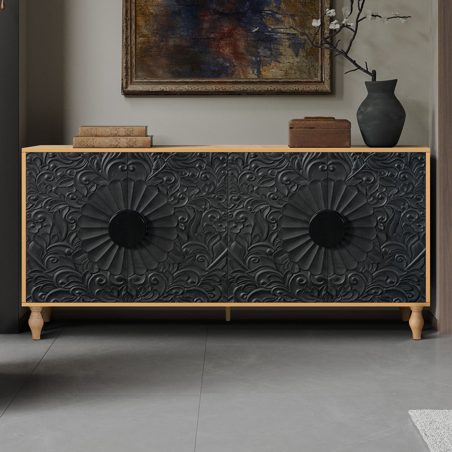 TV stand Black carved symmetrical design with wood-colored frame HouseOfZazla furniture on Tampa Home & Garden Store