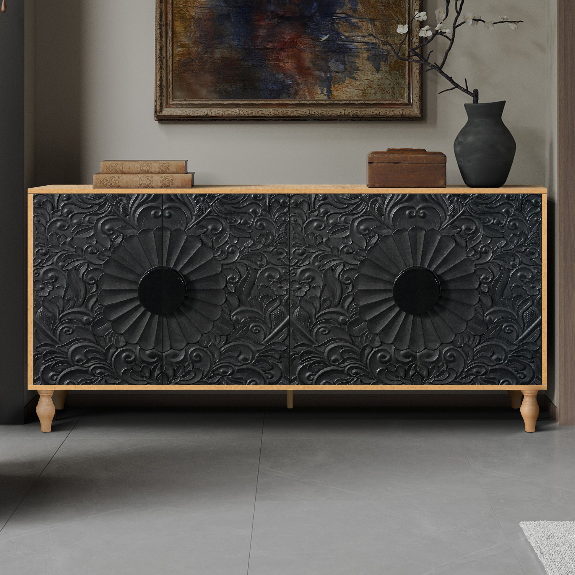 TV stand Black carved symmetrical design with wood-colored frame HouseOfZazla furniture on Tampa Home & Garden Store