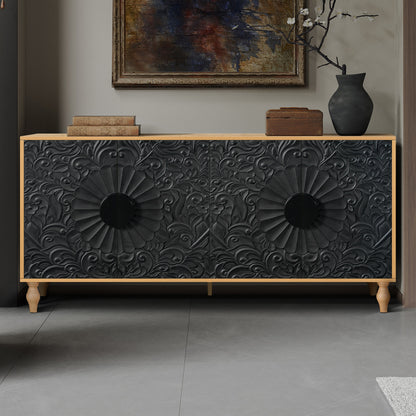 TV stand Black carved symmetrical design with wood-colored frame HouseOfZazla furniture on Tampa Home & Garden Store
