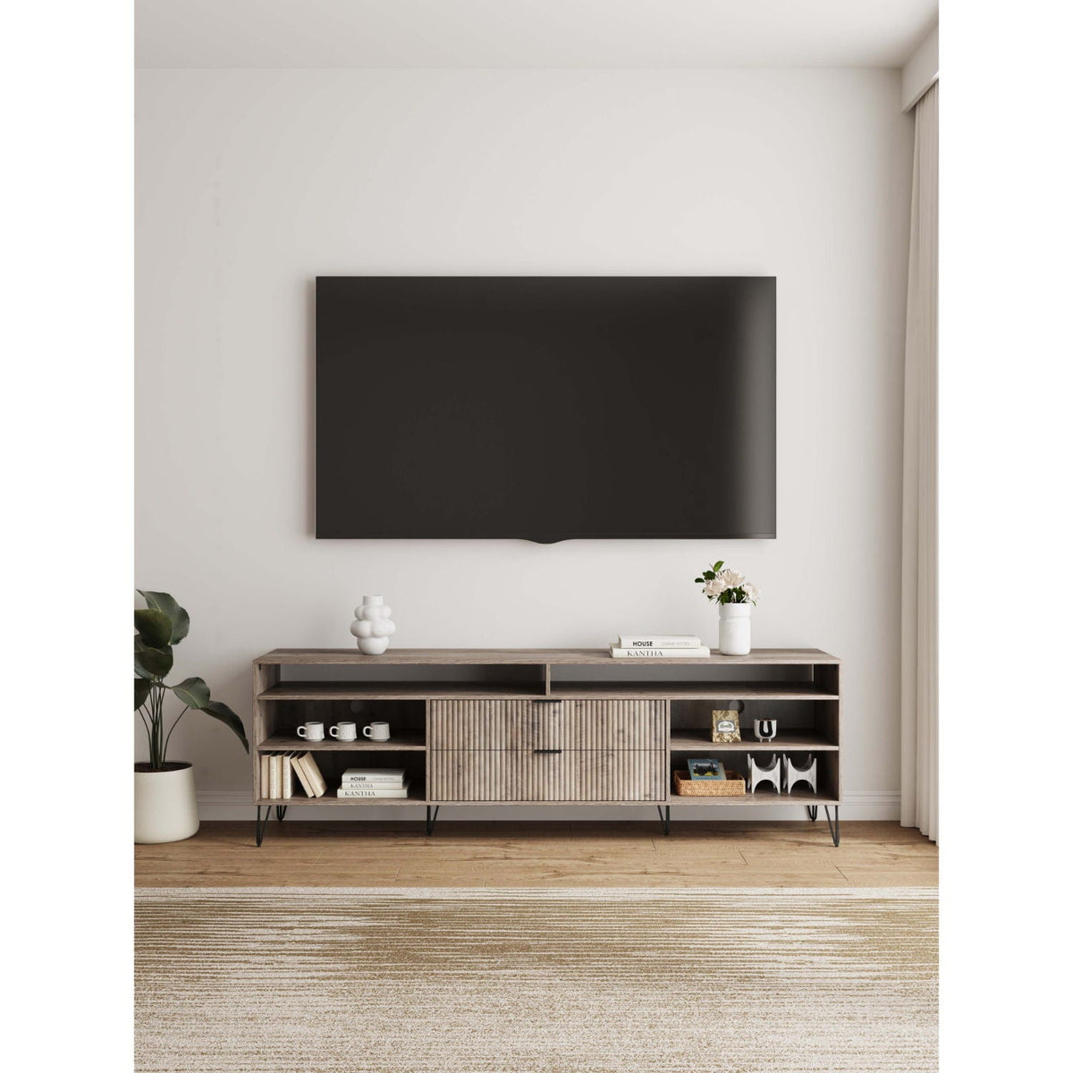 Fluted TV stand with storage and metal legs by HouseOfZazla natural wood with open cubbies on Tampa Home & Garden Store