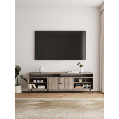 Fluted TV stand with storage and metal legs by HouseOfZazla natural wood with open cubbies on Tampa Home & Garden Store