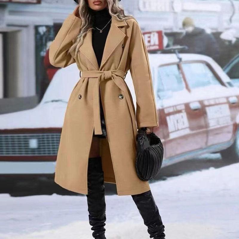 Womens camel wool-blend trench coat, double-breasted with notched lapel and belt by Stevvex on Tampa Home & Garden Store