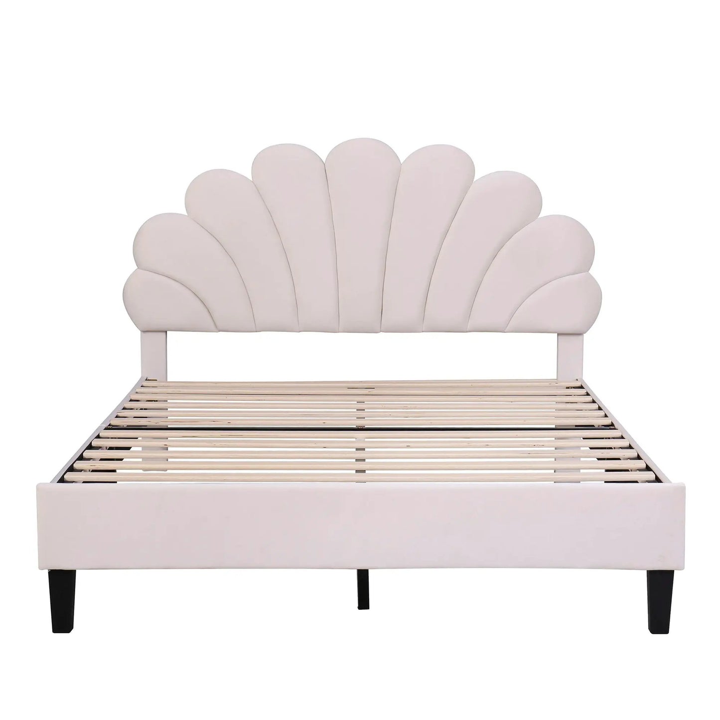 Upholstered platform bed with flower-petal headboard, white fabric, slatted base on Tampa Home & Garden Store