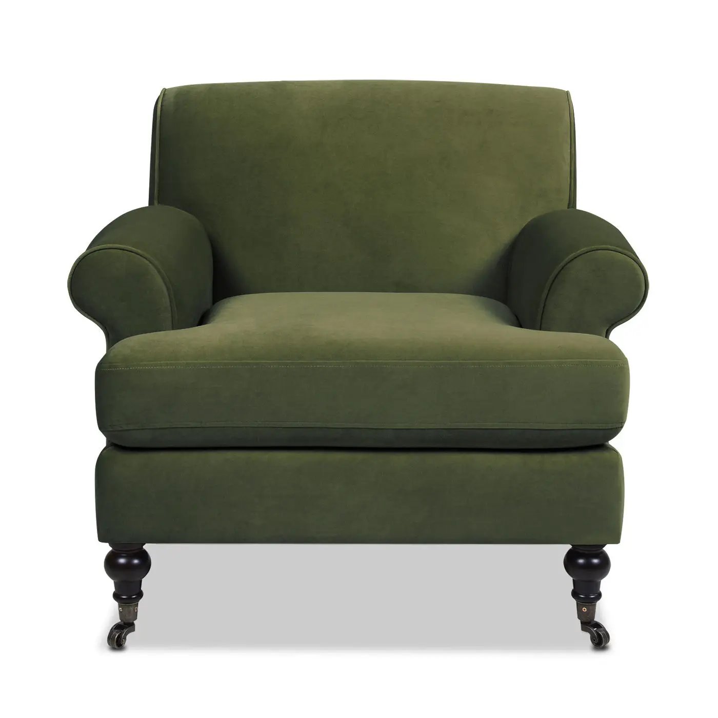 Alana Lawson Accent Arm Chair olive green velvet upholstery with casters on wood legs on Tampa Home & Garden Store