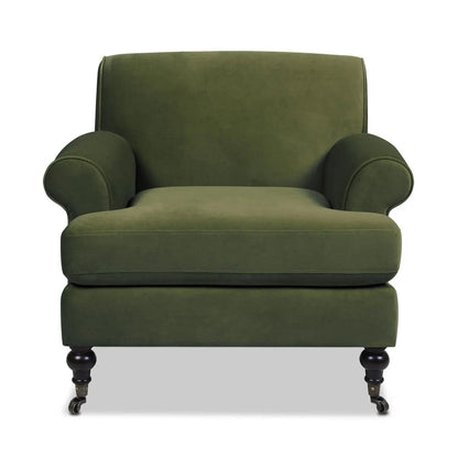 Alana Lawson Accent Arm Chair olive green velvet upholstery with casters on wood legs on Tampa Home & Garden Store