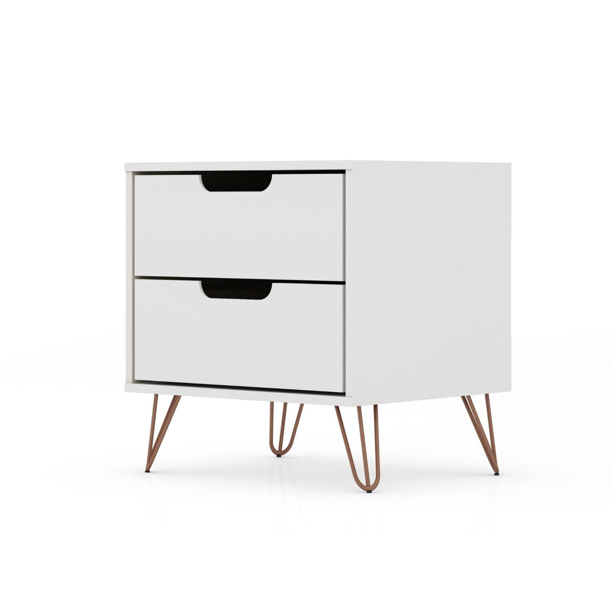 White 2-drawer accent nightstand with black half-moon pulls and copper hairpin legs on Tampa Home & Garden Store