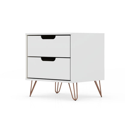 White 2-drawer accent nightstand with black half-moon pulls and copper hairpin legs on Tampa Home & Garden Store