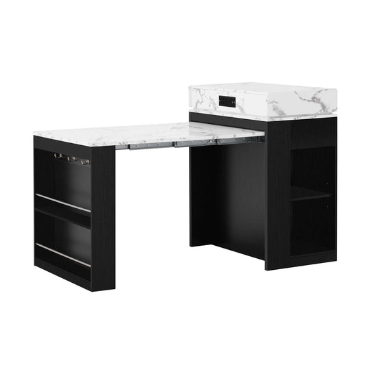 Extendable Dining Table With Folding Top white marble surface black base with shelves on Tampa Home & Garden Store
