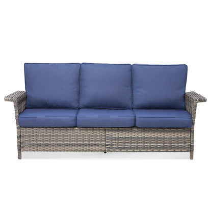 76.7-inch Wide Outdoor Wicker Patio Sofa with Armrests, blue cushions, HouseOfZazla on Tampa Home & Garden Store