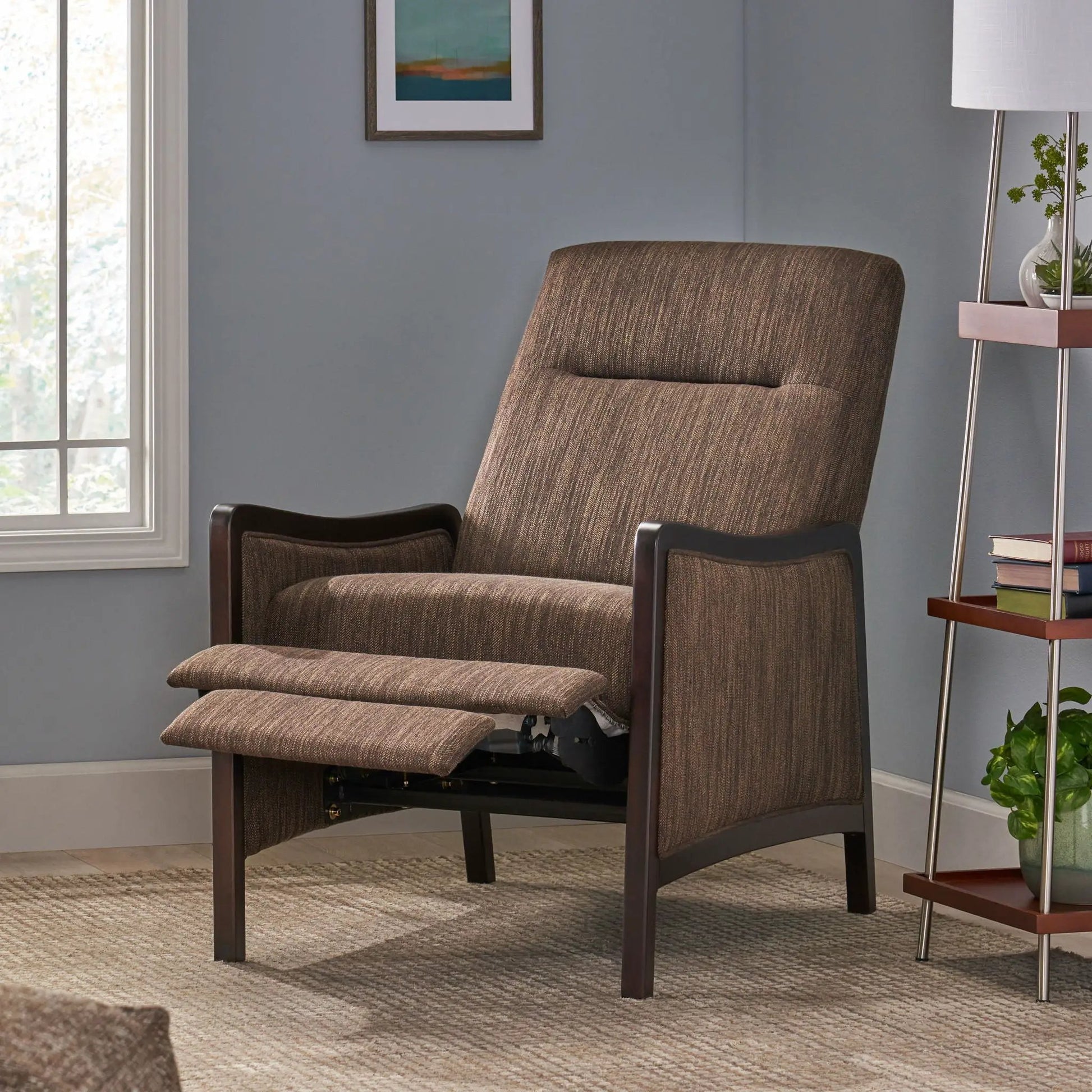 Drury pushback recliner in brown textured fabric with ottoman on Tampa Home & Garden Store