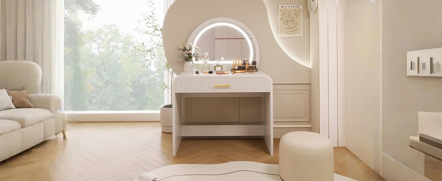 Makeup vanity table white with LED lighted circular mirror and drawer by HouseOfZazla on Tampa Home & Garden Store