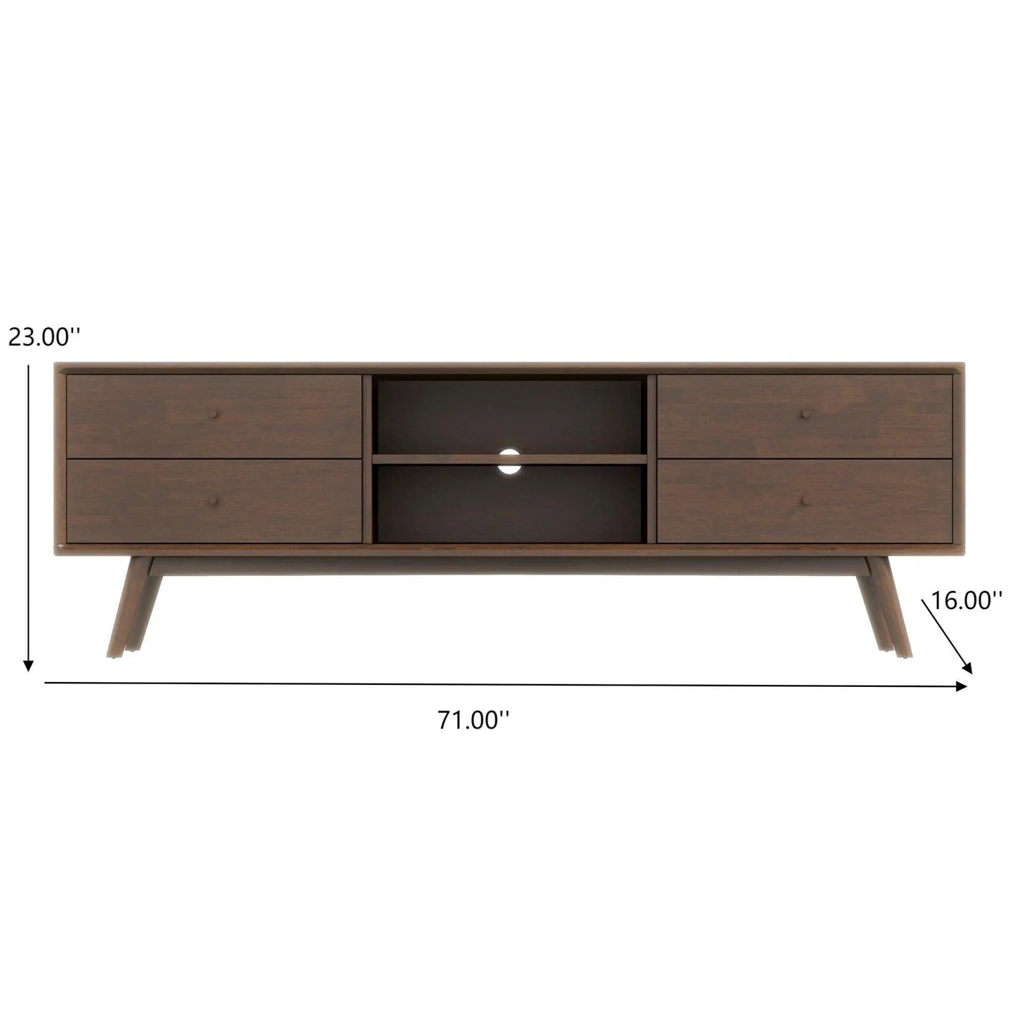 Caroline Modern TV Stand 71in wide in brown wood with black center shelf and two-drawer end cabinets by Unique Piece Furniture on Tampa Home & Garden Store