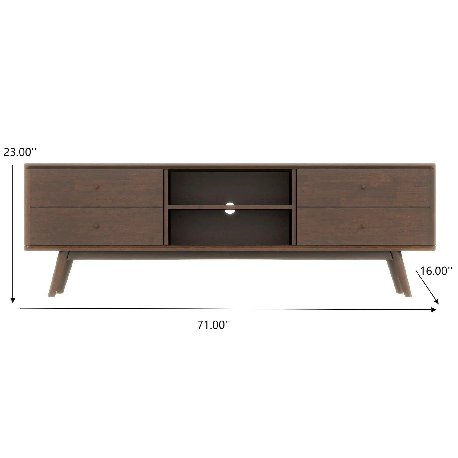 Caroline Modern TV Stand 71in wide in brown wood with black center shelf and two-drawer end cabinets by Unique Piece Furniture on Tampa Home & Garden Store