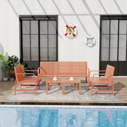 Waterproof 2-piece orange outdoor patio set with slatted chairs and coffee table by pool on Tampa Home & Garden Store