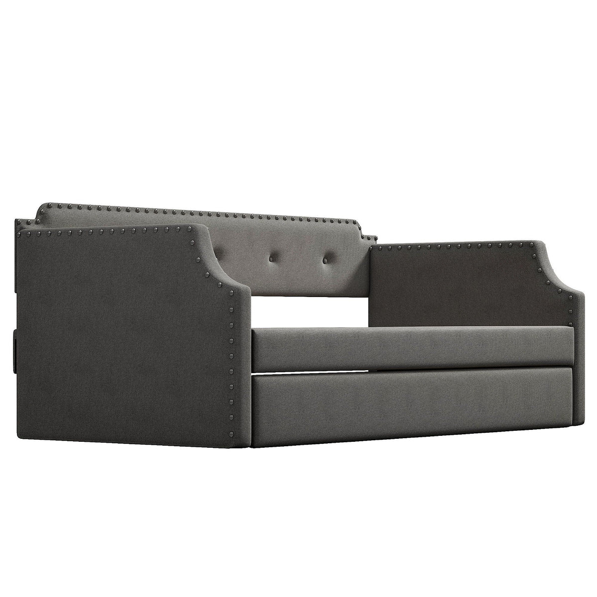 Upholstered Daybed with Trundle in dark charcoal fabric with nailhead trim by HouseOfZazla on Tampa Home & Garden Store