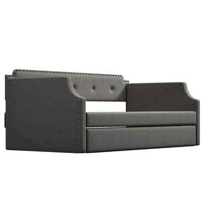 Upholstered Daybed with Trundle in dark charcoal fabric with nailhead trim by HouseOfZazla on Tampa Home & Garden Store