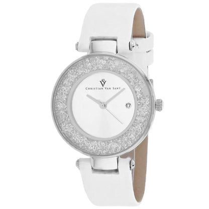 Christian Van Sant Women's Dazzle watch with white leather strap and crystal bezel on Tampa Home & Garden Store