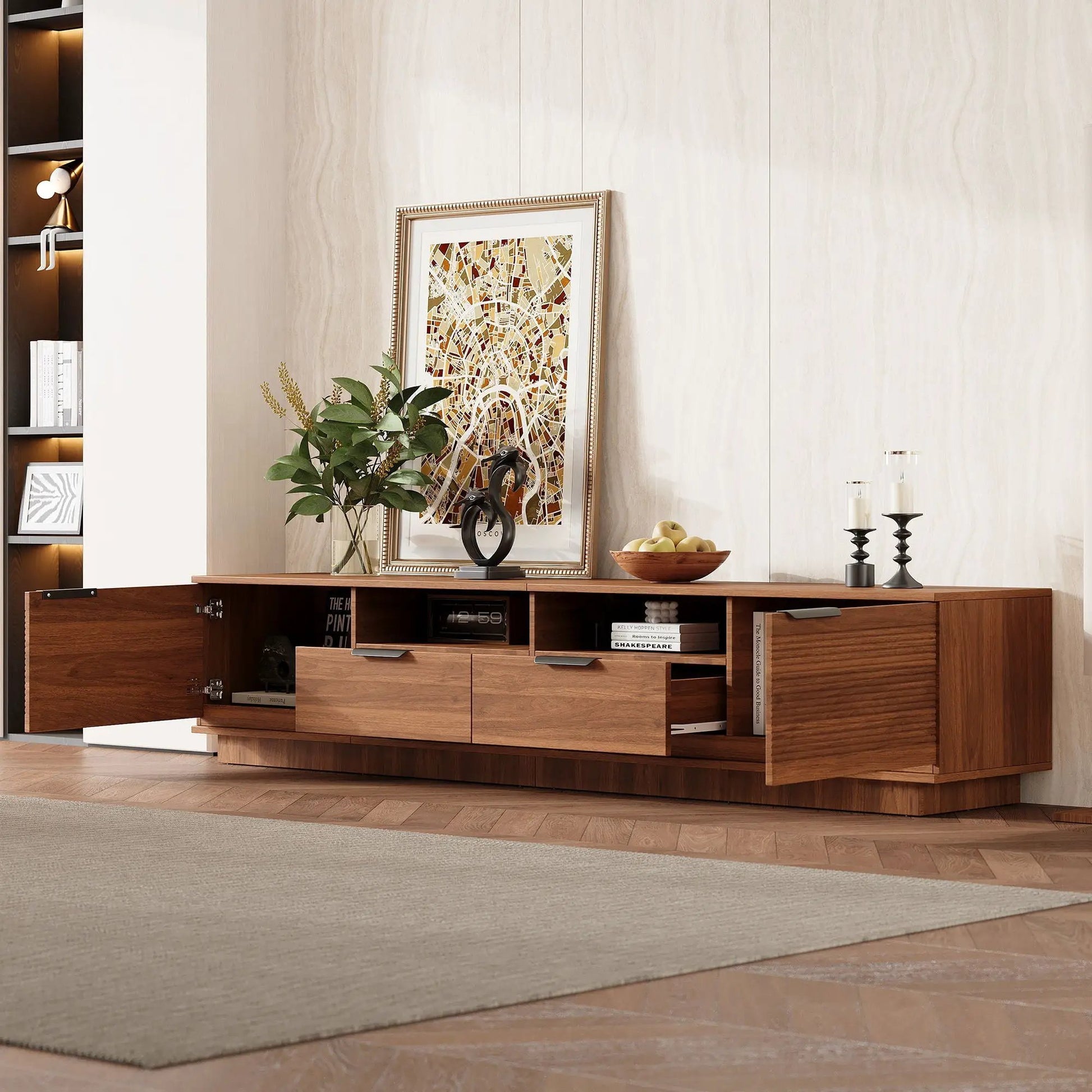 Dark wood TV stand with deep drawers and cable management on Tampa Home & Garden Store
