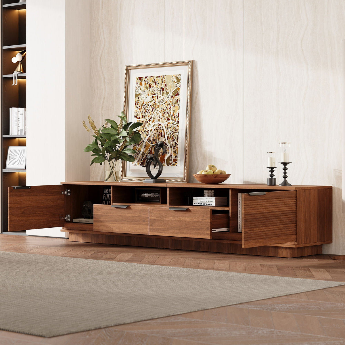 TV Stand Entertainment Center in dark brown wood with deep drawers and cable management, framed art decor on Tampa Home & Garden Store