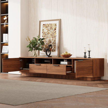 TV Stand Entertainment Center in dark brown wood with deep drawers and cable management, framed art decor on Tampa Home & Garden Store