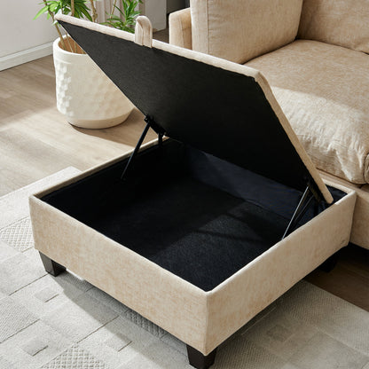 96.5 inch L-shaped sectional sofa with ottoman in tan beige fabric, exposed black base on Tampa Home & Garden Store