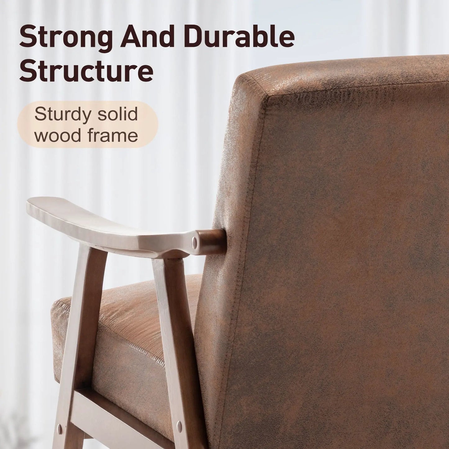 Mid Century Modern Accent Chair with solid wood frame and thick backrest in brown fabric on Tampa Home & Garden Store