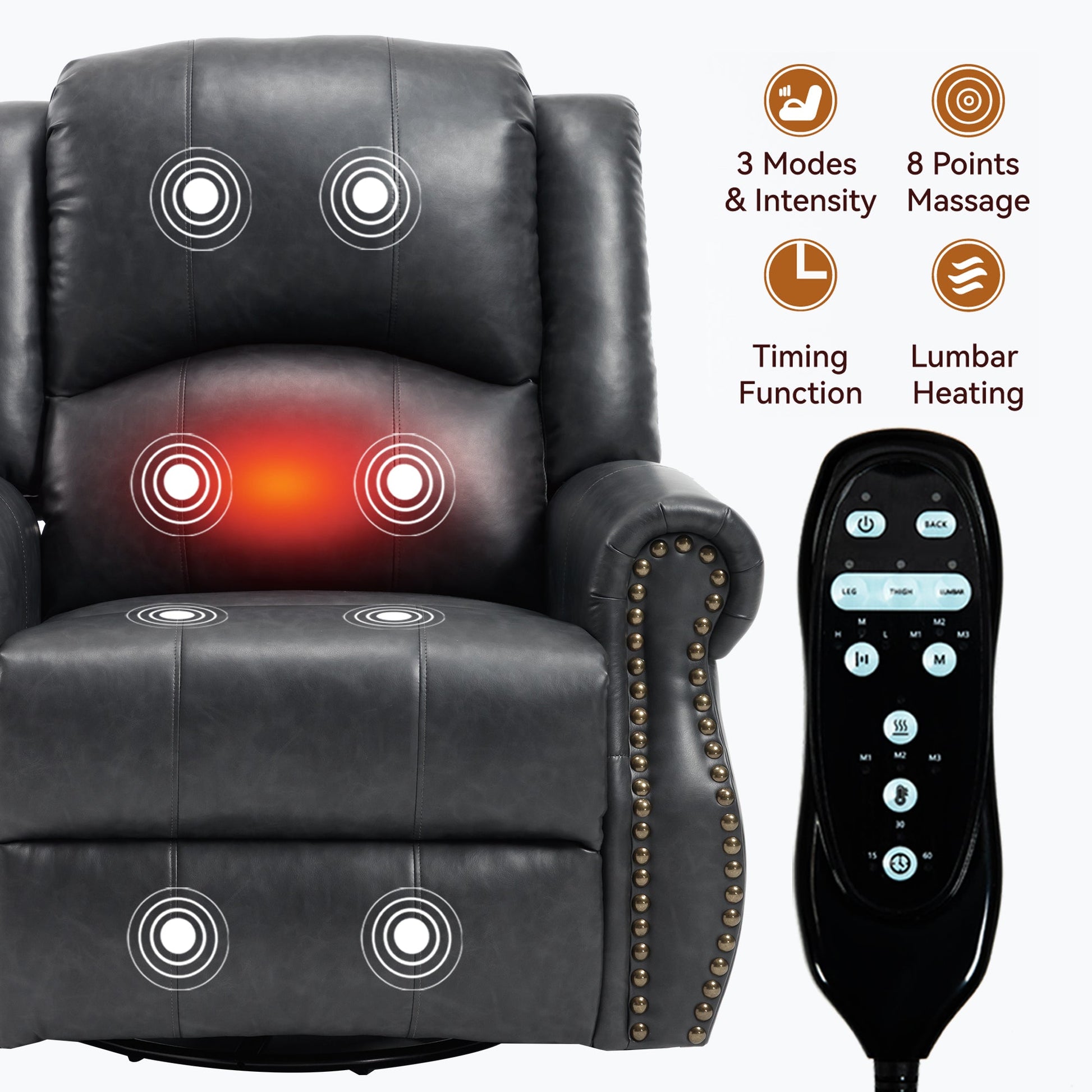 Heat Massage Manual Recliner Chair with Rocker and Swivel, black leather, remote by HouseOfZazla on Tampa Home & Garden Store