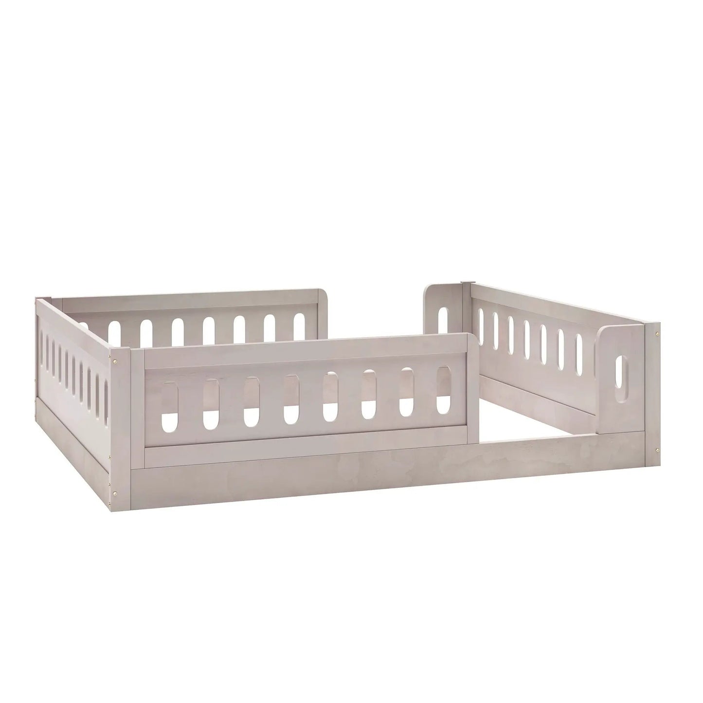 Two light gray platform beds with guardrails and slotted side panels on Tampa Home & Garden Store