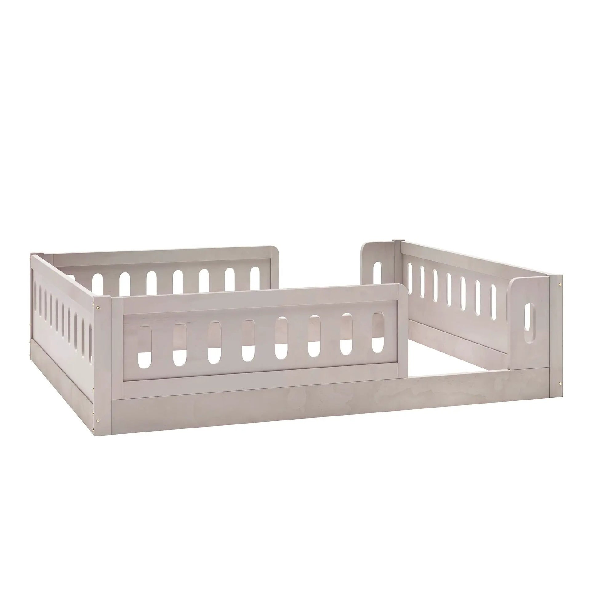 Two light gray platform beds with guardrails and slotted side panels on Tampa Home & Garden Store