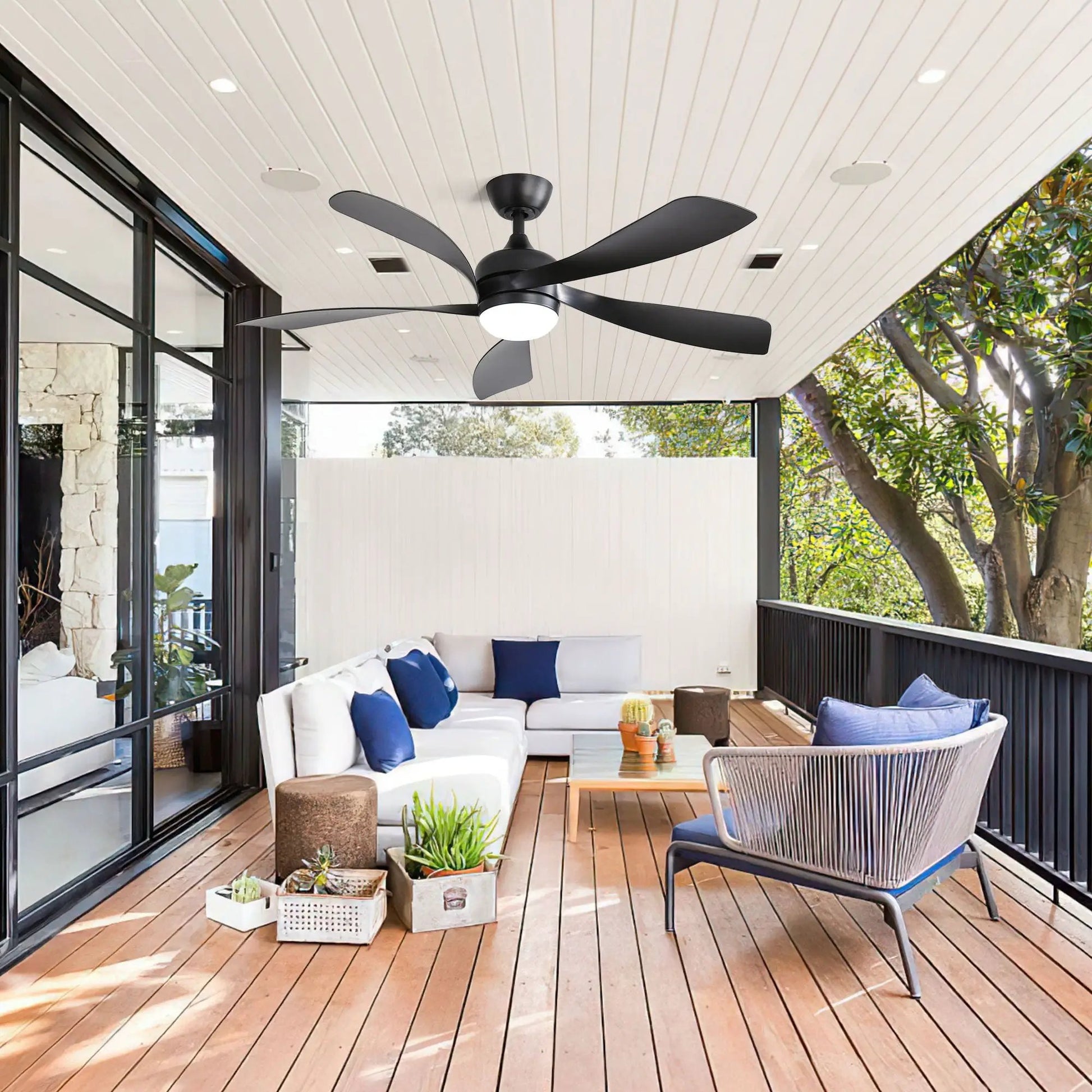 Ceiling fan with DC motor and integrated light, black finish for outdoor patio on Tampa Home & Garden Store