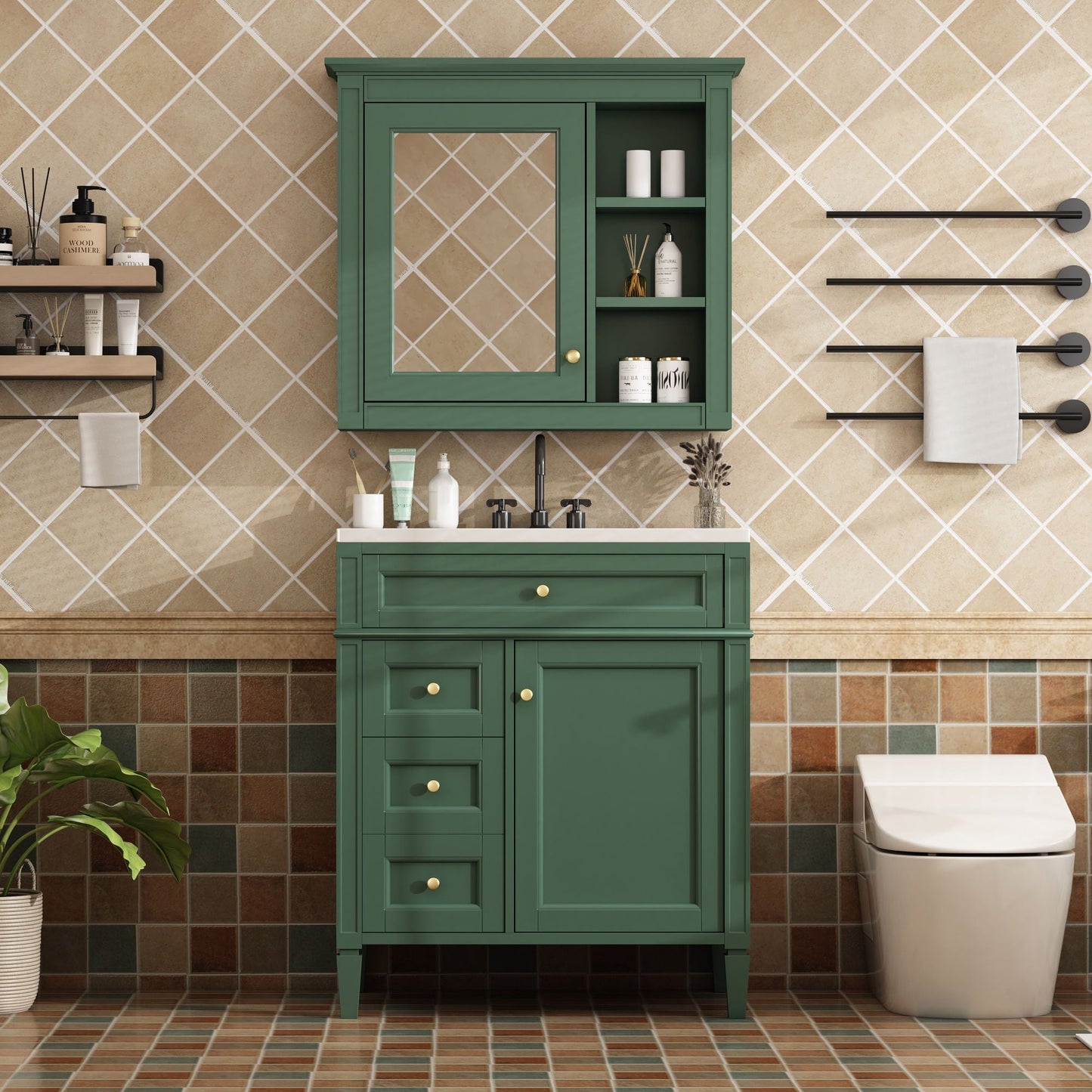 HouseOfZazla green bathroom vanity with medicine cabinet and 2 soft-closing doors and 4 drawers on Tampa Home & Garden Store