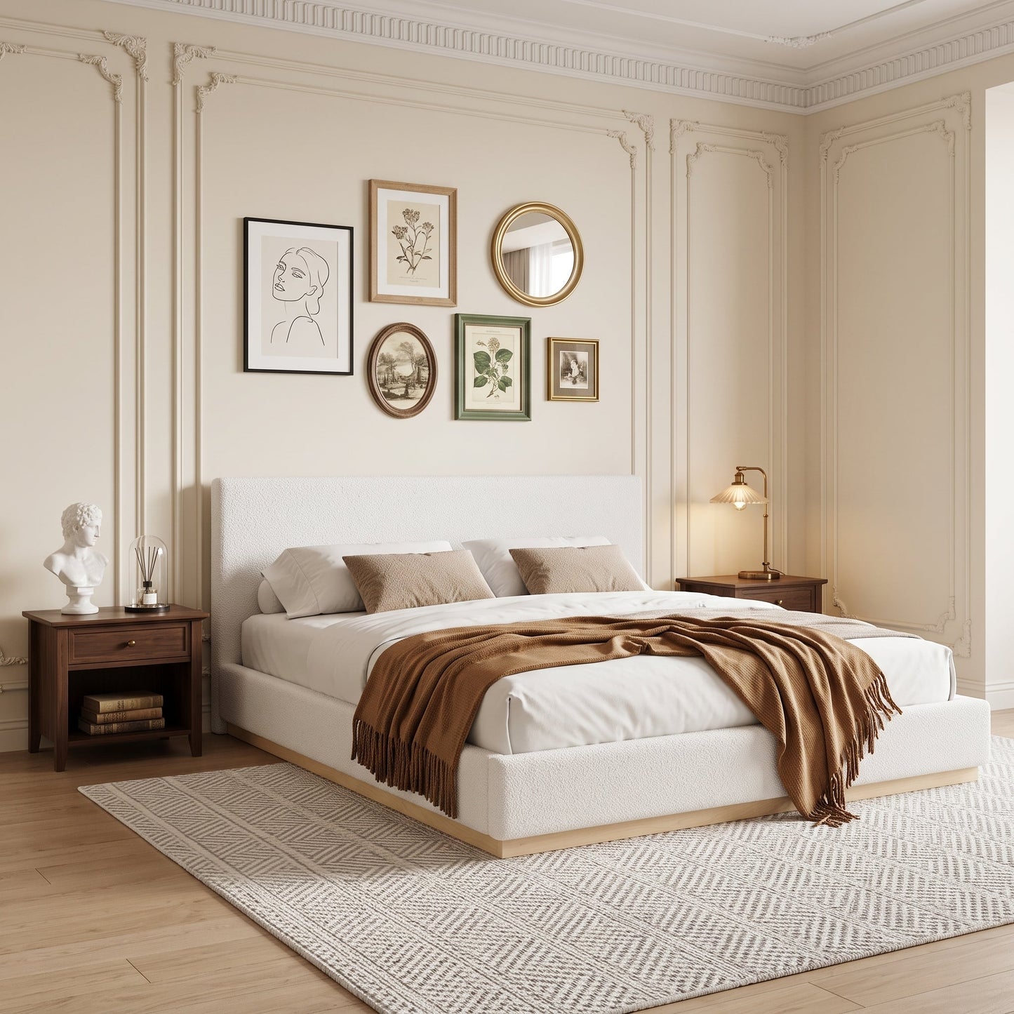 Elegant Upholstered Bed by HouseOfZazla in beige fabric with two wooden nightstands on Tampa Home & Garden Store