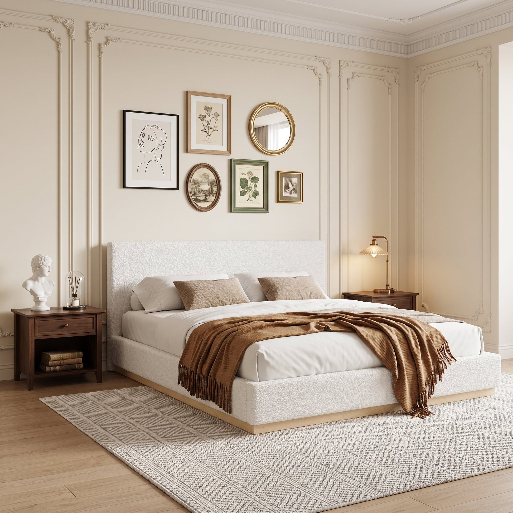 Elegant Upholstered Bed by HouseOfZazla in beige fabric with two wooden nightstands on Tampa Home & Garden Store