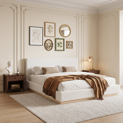 Elegant Upholstered Bed by HouseOfZazla in beige fabric with two wooden nightstands on Tampa Home & Garden Store