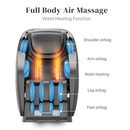 Zero-gravity massage chair with shiatsu, blue airbags, waist heating and foot rollers in black on Tampa Home & Garden Store