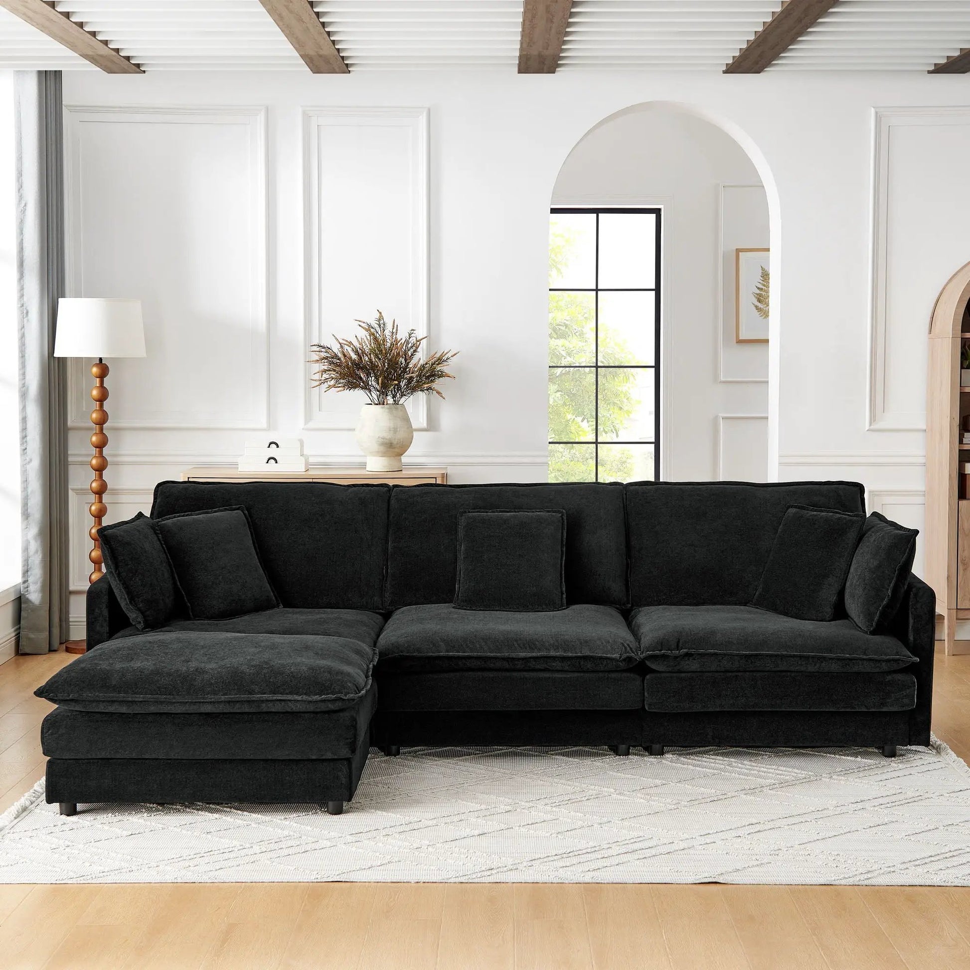 L-Shaped sectional sofa with ottoman in black fabric, 4-seat convertible couch by Unique Piece Furniture on Tampa Home & Garden Store