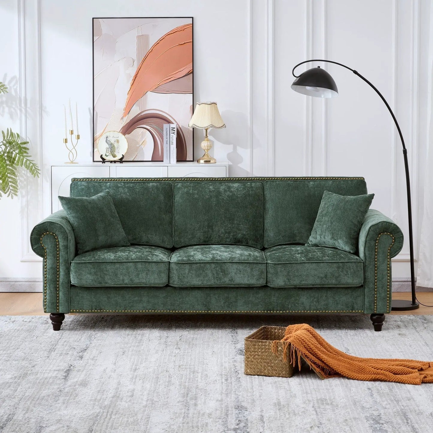 3 Seater velvet sofa in emerald green with tufted upholstery, rolled arms and nailhead trim on Tampa Home & Garden Store